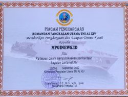 Kali Ini Anggota IMO-Indonesia Yaitu Media Mpginews.id Diganjar Piagam Penghargaan Dari Komandan Pangkalan Utama TNI AL XIV Sorong Papua