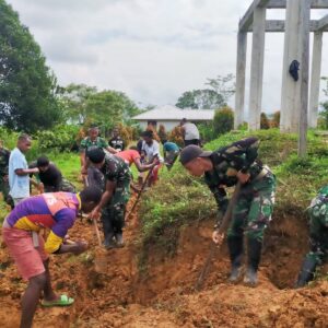 Membangun Gereja, Satgas Pamtas Yonif Raider 142/KJ Gotong Royong Buat Lubang Pondasi