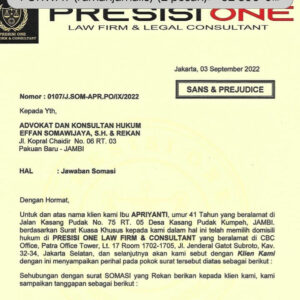Presisi One LawFirm Dan Consultants Menyatakan Selain Berikan Jawaban Somasi Akan Pidanakan Penggugat