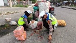 Respon Cepat, Kanit Lantas Polsek Senapelan Bantu Pungut Cabe Pedagang Yang Berserakan di Jalan