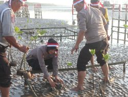 Cegah Abrasi Polisi Tanam Bibit Pohon Mangrove di Pantai Ekowisata Mangrove Lembung Pamekasan