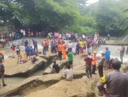 Polsek Ciampea dan Instansi Terkait Juga di Bantu Warga Lakukan Pencarian Korban Tenggelam di Aliran Sungai Curug Hordeng